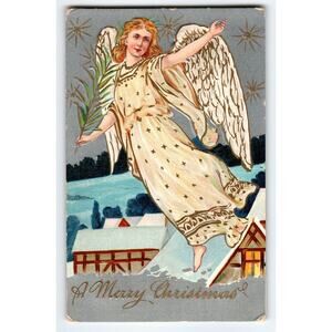Vintage 1908 Embossed Christmas Angel Postcard with Winter Village Scene & Stars